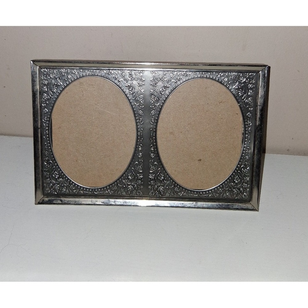 Vintage Double Oval 3x4 Photo Frame Embossed Floral Silver Tone Metal
